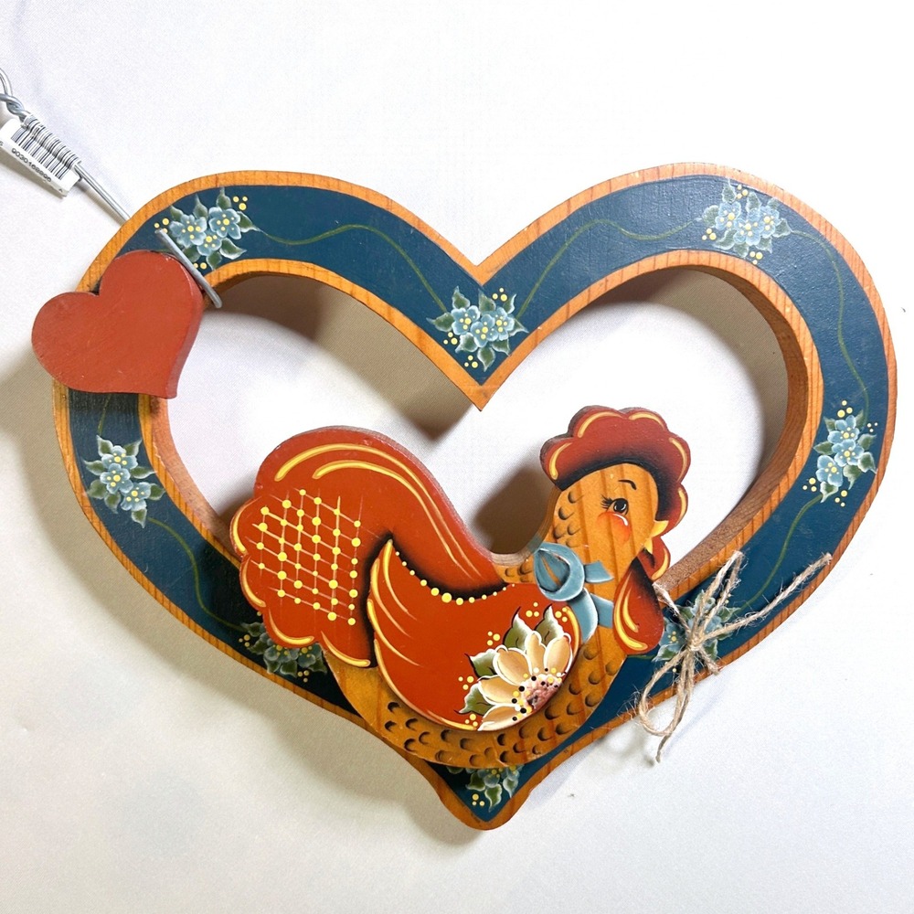 Vintage 80s Hand Painted Wood Rooster Heart Wall Decor Folk Art Country